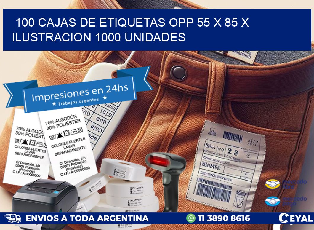 100 CAJAS DE ETIQUETAS OPP 55 x 85 X ILUSTRACION 1000 UNIDADES