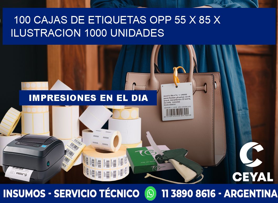 100 CAJAS DE ETIQUETAS OPP 55 x 85 X ILUSTRACION 1000 UNIDADES