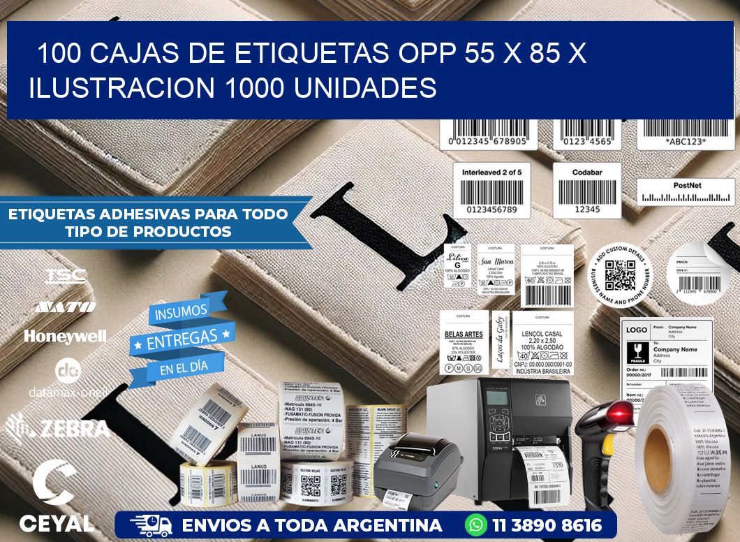 100 CAJAS DE ETIQUETAS OPP 55 x 85 X ILUSTRACION 1000 UNIDADES