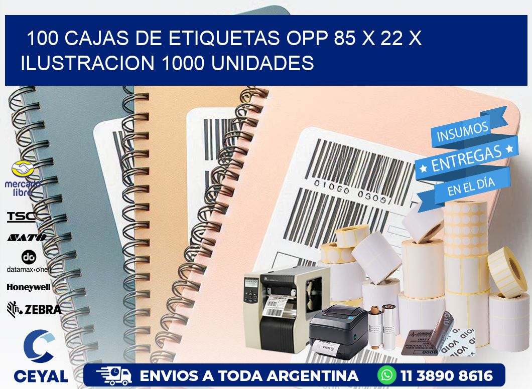 100 CAJAS DE ETIQUETAS OPP 85 x 22 X ILUSTRACION 1000 UNIDADES