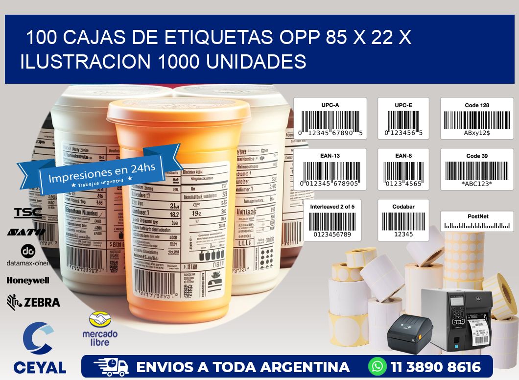 100 CAJAS DE ETIQUETAS OPP 85 x 22 X ILUSTRACION 1000 UNIDADES