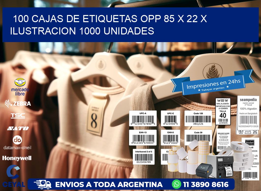 100 CAJAS DE ETIQUETAS OPP 85 x 22 X ILUSTRACION 1000 UNIDADES