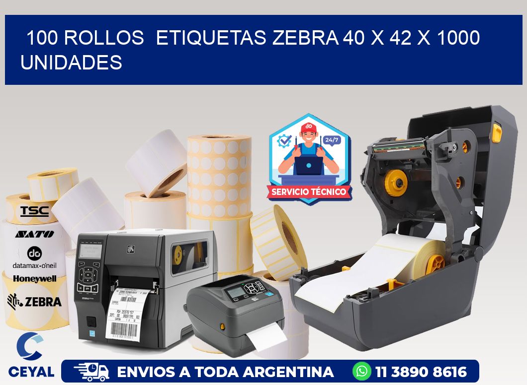 100 ROLLOS  ETIQUETAS ZEBRA 40 x 42 X 1000 UNIDADES