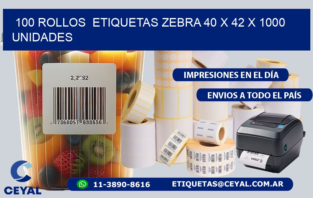 100 ROLLOS  ETIQUETAS ZEBRA 40 x 42 X 1000 UNIDADES