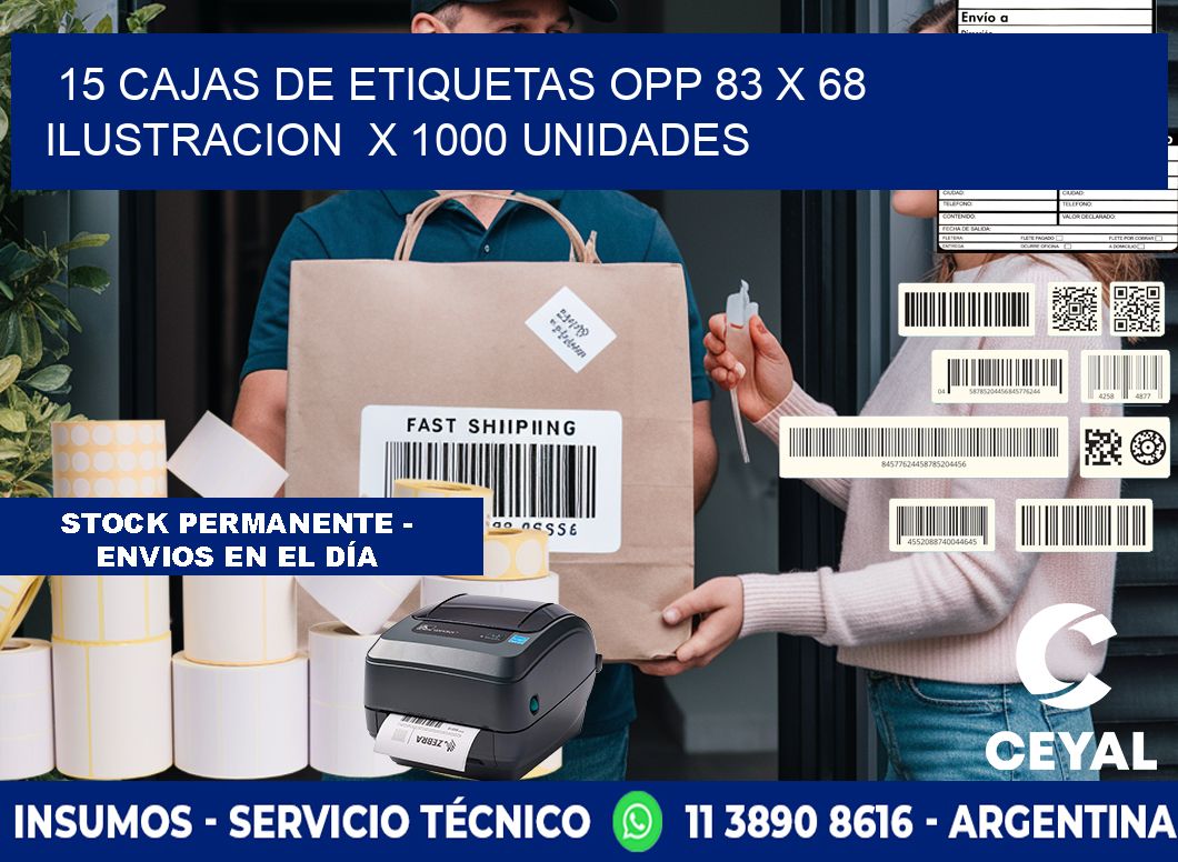 15 CAJAS DE ETIQUETAS OPP 83 x 68 ILUSTRACION  X 1000 UNIDADES