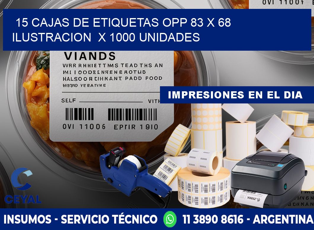 15 CAJAS DE ETIQUETAS OPP 83 x 68 ILUSTRACION  X 1000 UNIDADES