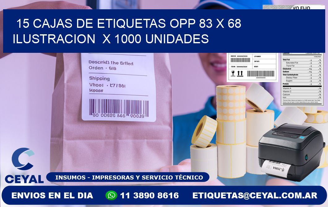 15 CAJAS DE ETIQUETAS OPP 83 x 68 ILUSTRACION  X 1000 UNIDADES