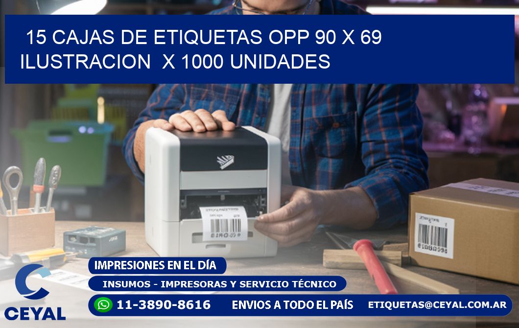 15 CAJAS DE ETIQUETAS OPP 90 x 69 ILUSTRACION  X 1000 UNIDADES