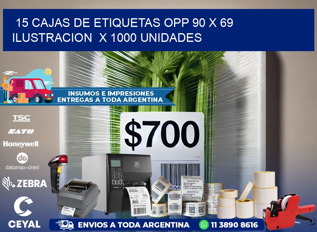 15 CAJAS DE ETIQUETAS OPP 90 x 69 ILUSTRACION  X 1000 UNIDADES