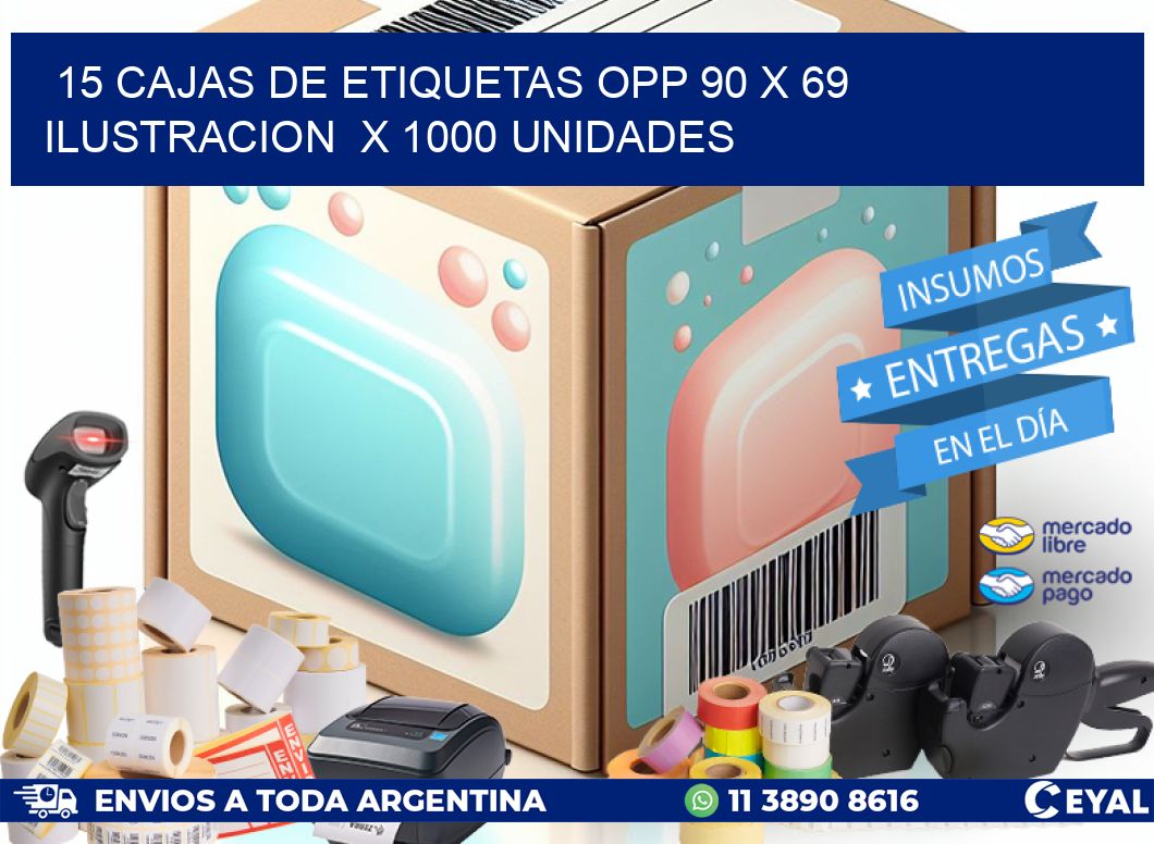 15 CAJAS DE ETIQUETAS OPP 90 x 69 ILUSTRACION  X 1000 UNIDADES