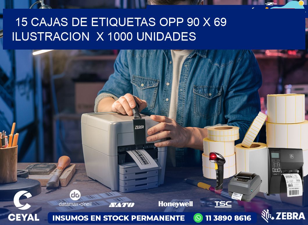 15 CAJAS DE ETIQUETAS OPP 90 x 69 ILUSTRACION  X 1000 UNIDADES