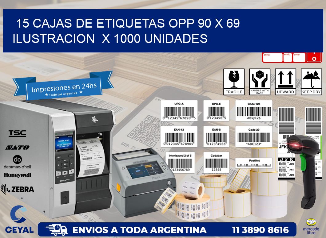 15 CAJAS DE ETIQUETAS OPP 90 x 69 ILUSTRACION  X 1000 UNIDADES