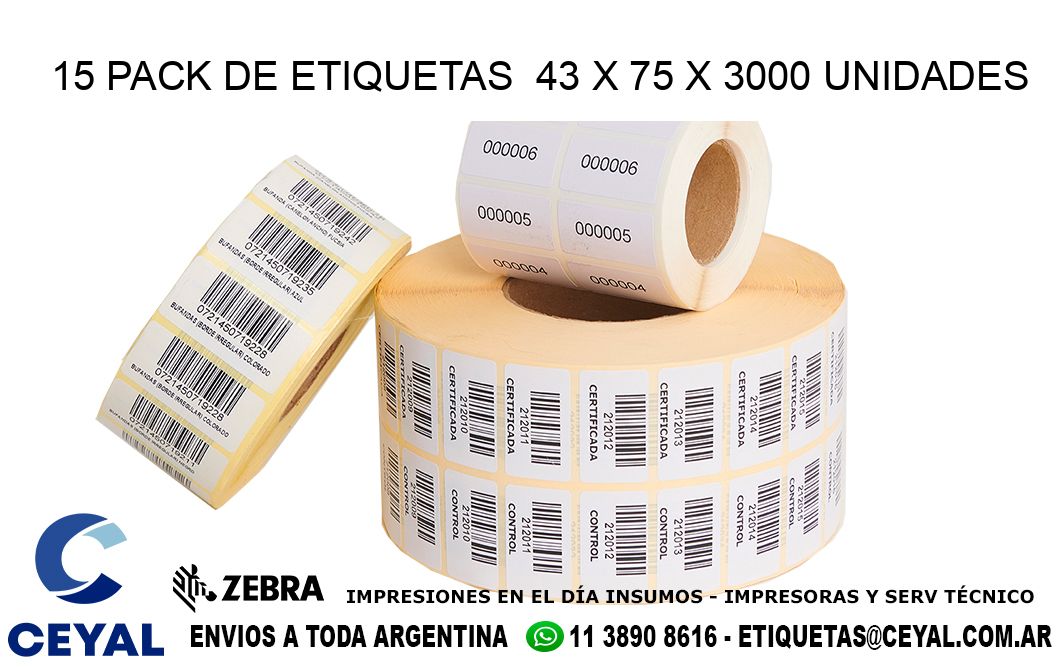 15 PACK DE ETIQUETAS  43 x 75 X 3000 UNIDADES