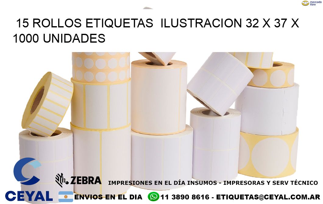 15 ROLLOS ETIQUETAS  ILUSTRACION 32 x 37 X 1000 UNIDADES