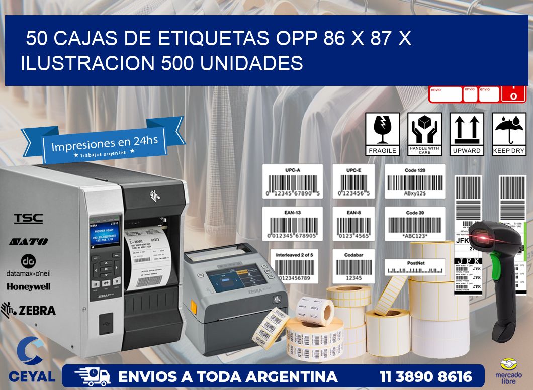 50 CAJAS DE ETIQUETAS OPP 86 x 87 X ILUSTRACION 500 UNIDADES