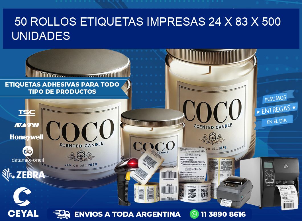 50 ROLLOS ETIQUETAS IMPRESAS 24 x 83 X 500 UNIDADES