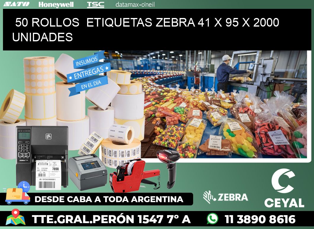 50 ROLLOS  ETIQUETAS ZEBRA 41 x 95 X 2000 UNIDADES