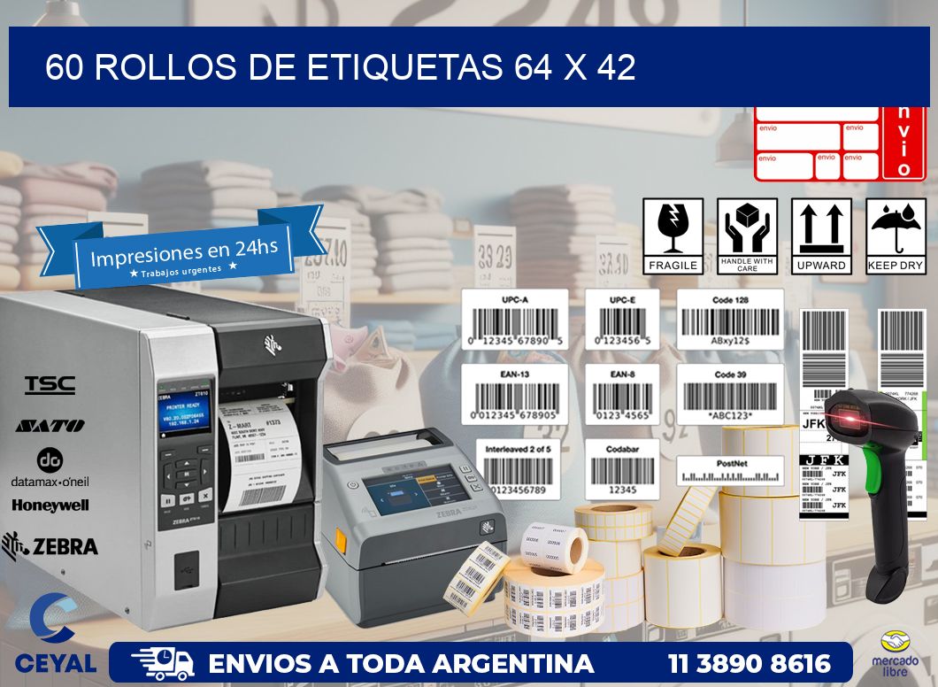 60 ROLLOS DE ETIQUETAS 64 x 42