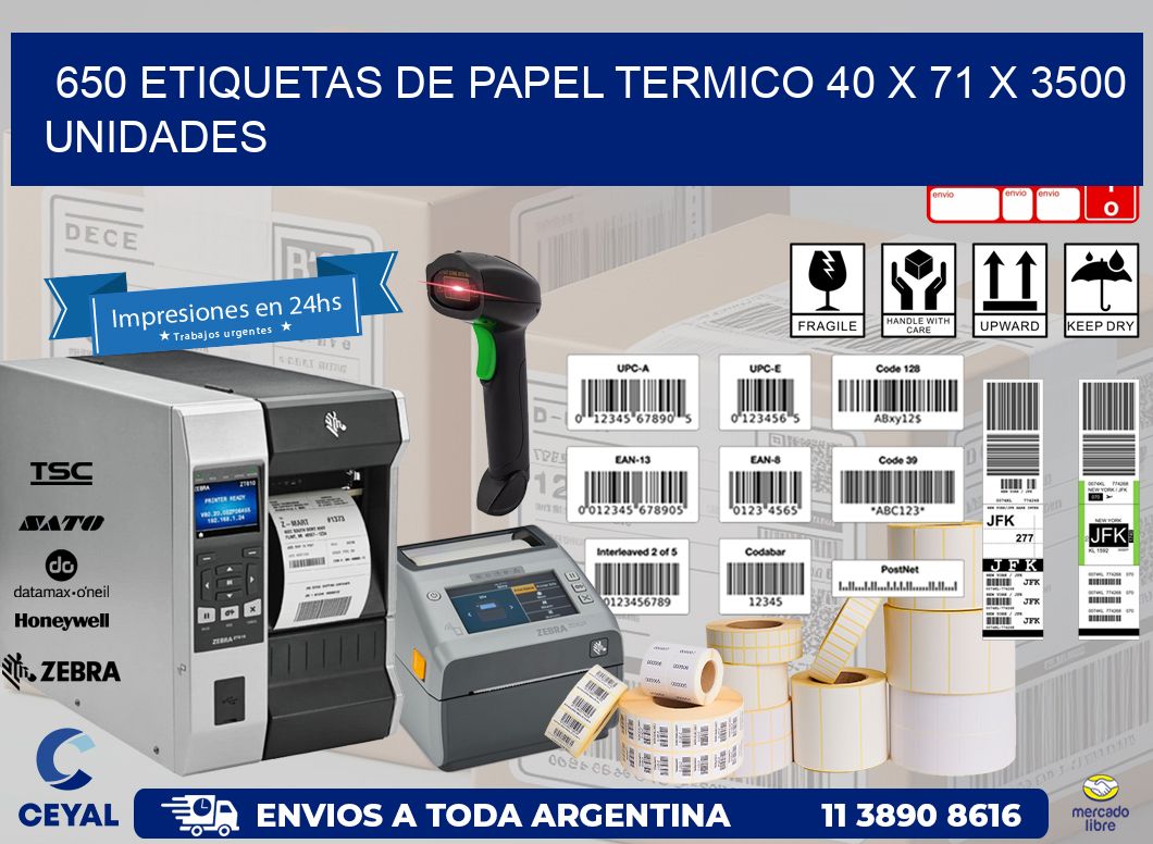 650 ETIQUETAS DE PAPEL TERMICO 40 x 71 X 3500 UNIDADES