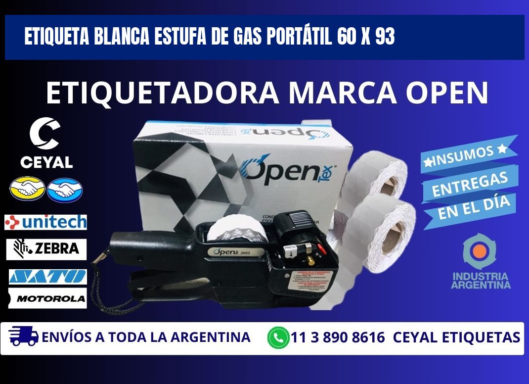 ETIQUETA BLANCA ESTUFA DE GAS PORTÁTIL 60 x 93