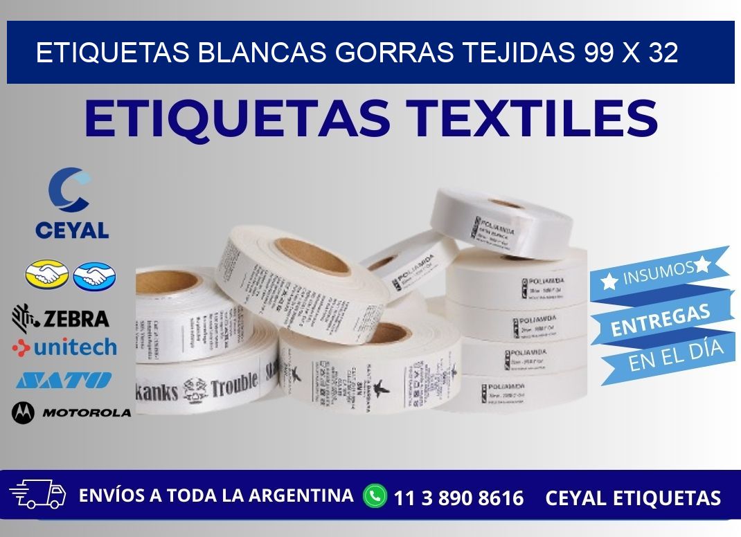 ETIQUETAS BLANCAS GORRAS TEJIDAS 99 x 32