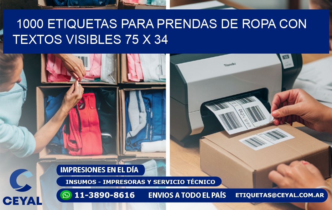 1000 ETIQUETAS PARA PRENDAS DE ROPA CON TEXTOS VISIBLES 75 x 34