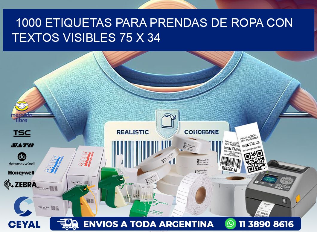 1000 ETIQUETAS PARA PRENDAS DE ROPA CON TEXTOS VISIBLES 75 x 34