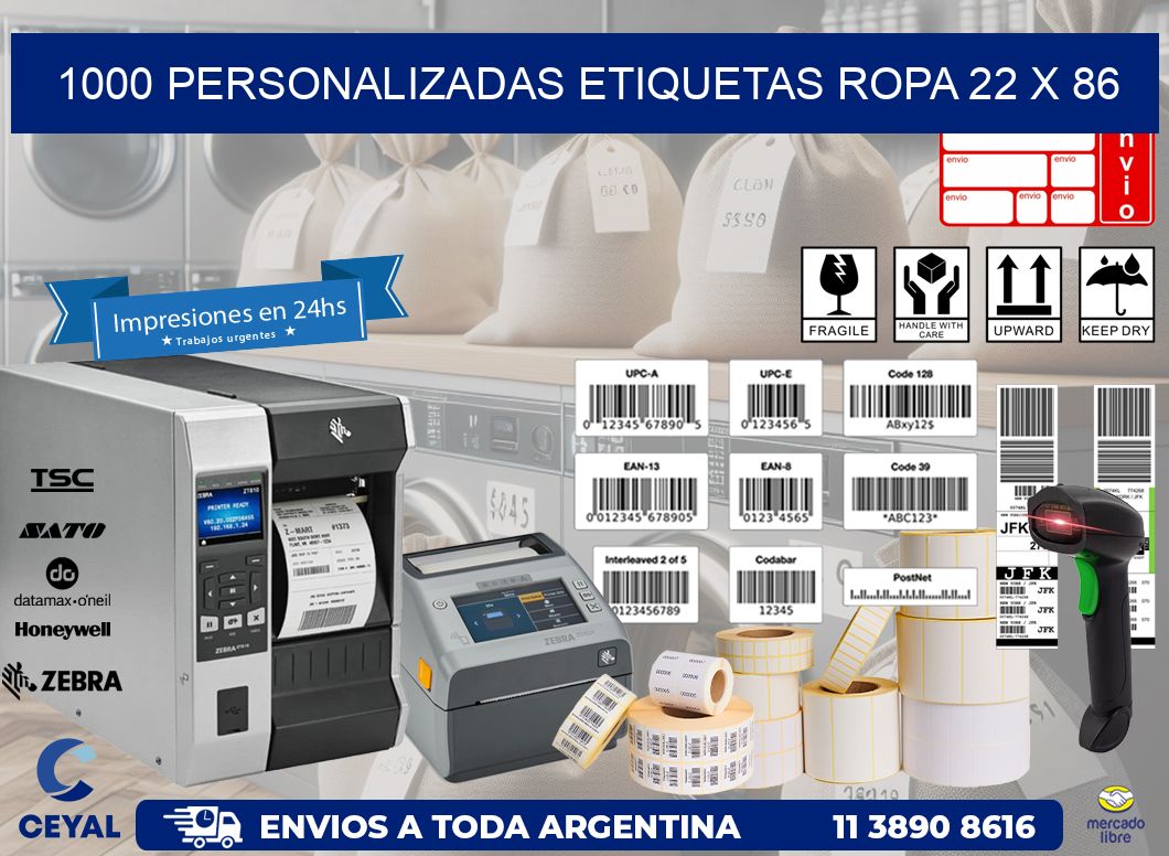 1000 PERSONALIZADAS ETIQUETAS ROPA 22 x 86