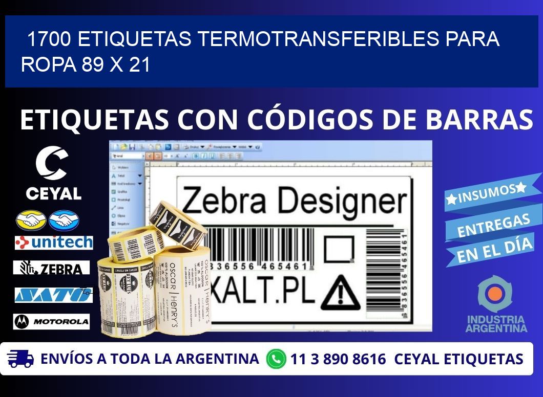 1700 ETIQUETAS TERMOTRANSFERIBLES PARA ROPA 89 x 21