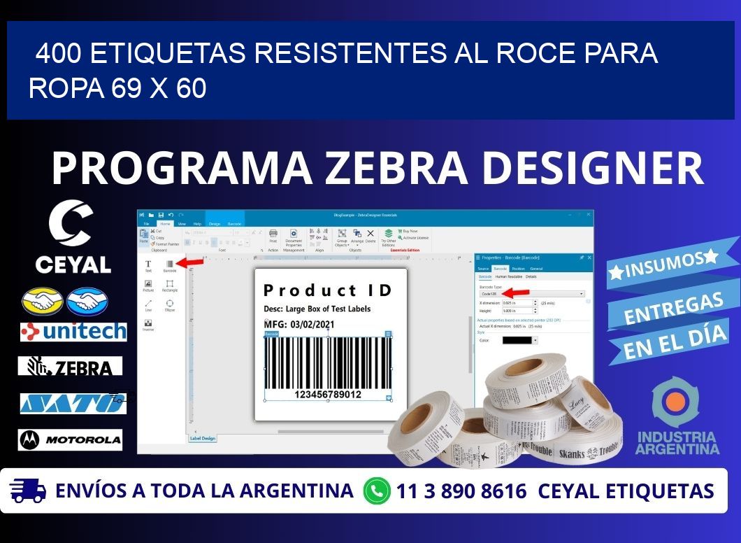 400 ETIQUETAS RESISTENTES AL ROCE PARA ROPA 69 x 60