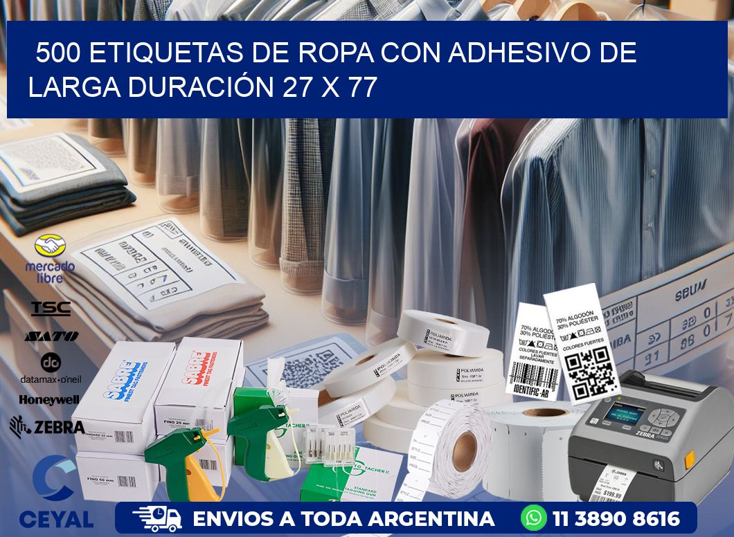 500 ETIQUETAS DE ROPA CON ADHESIVO DE LARGA DURACIÓN 27 x 77