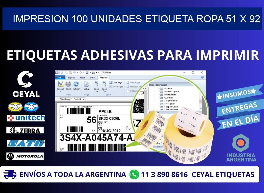 IMPRESION 100 UNIDADES ETIQUETA ROPA 51 x 92