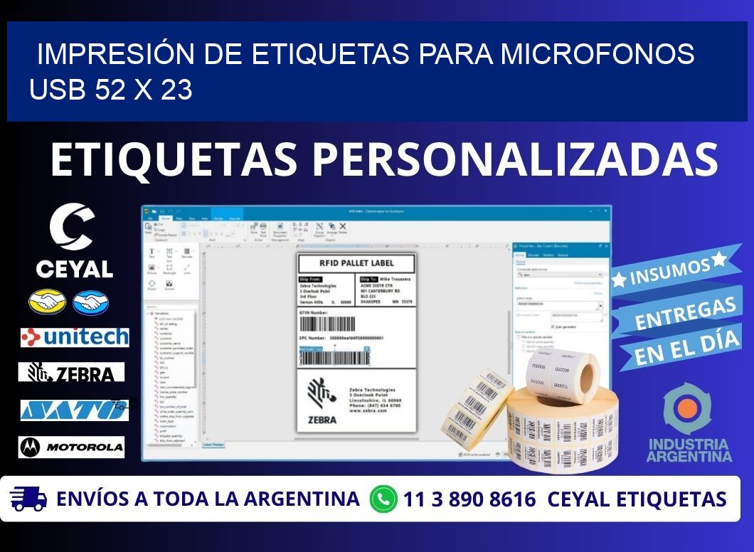 IMPRESIÓN DE ETIQUETAS PARA MICROFONOS USB 52 x 23