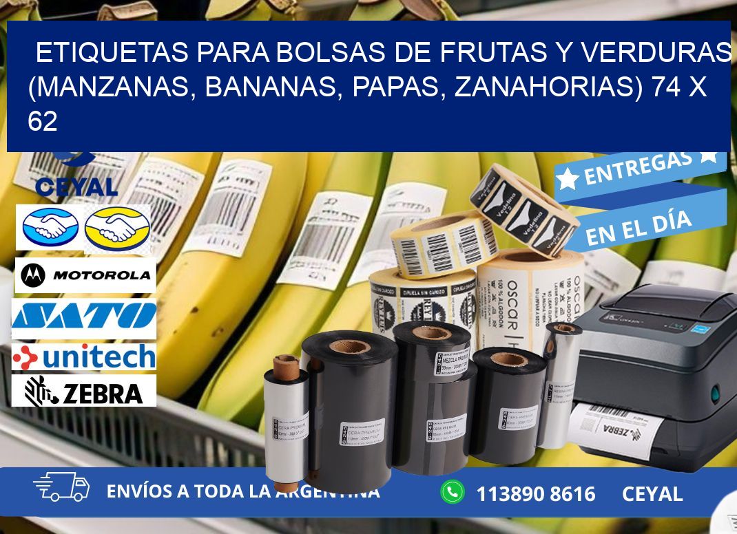 ETIQUETAS PARA BOLSAS DE FRUTAS Y VERDURAS (MANZANAS, BANANAS, PAPAS, ZANAHORIAS) 74 x 62