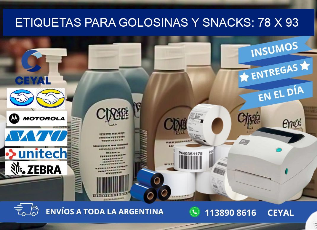 ETIQUETAS PARA GOLOSINAS Y SNACKS: 78 x 93