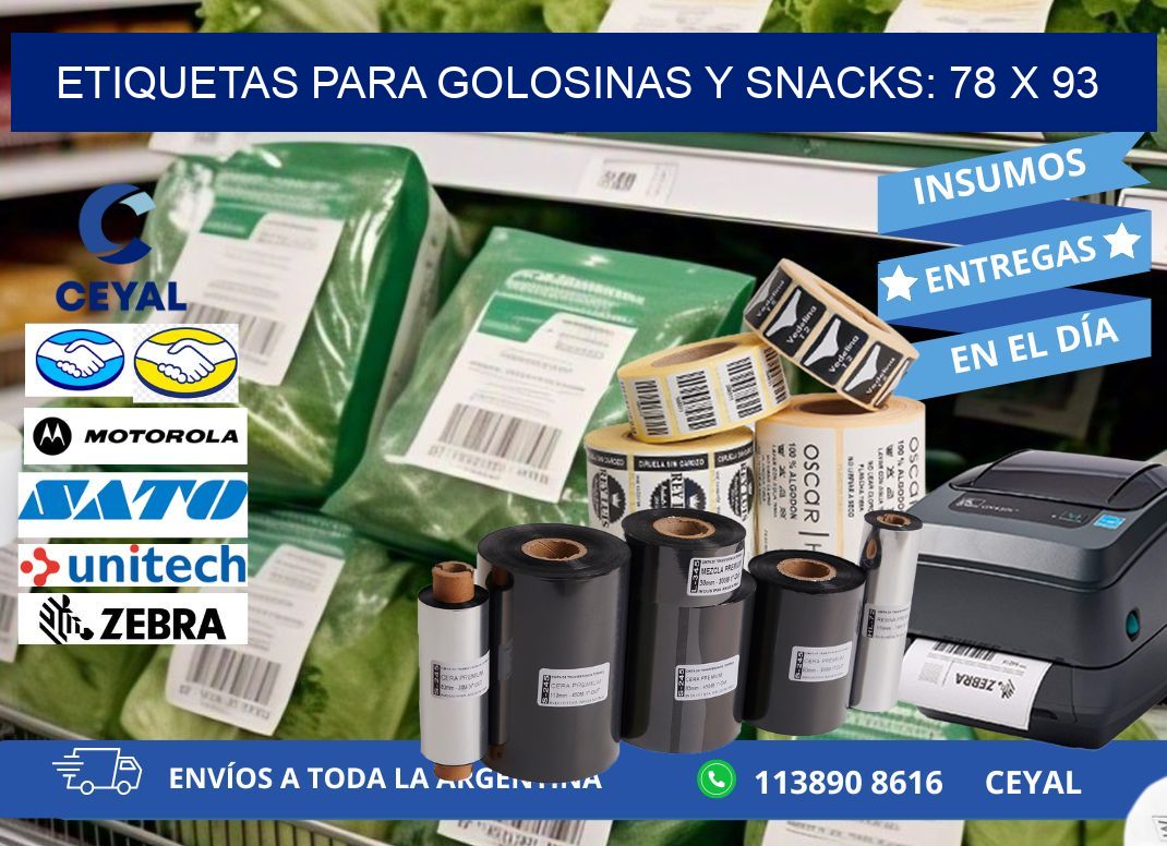 ETIQUETAS PARA GOLOSINAS Y SNACKS: 78 x 93