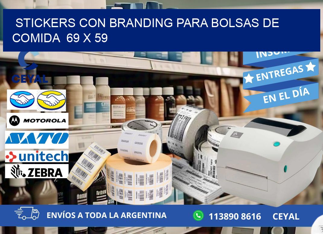 STICKERS CON BRANDING PARA BOLSAS DE COMIDA  69 x 59