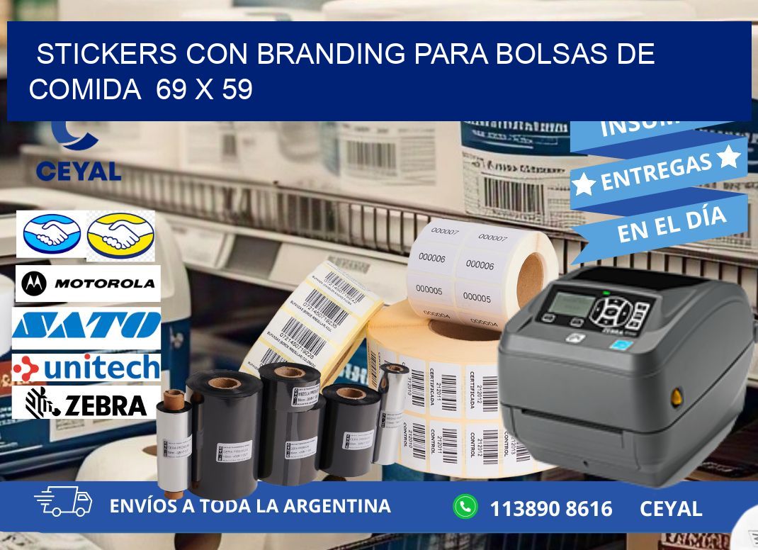 STICKERS CON BRANDING PARA BOLSAS DE COMIDA  69 x 59