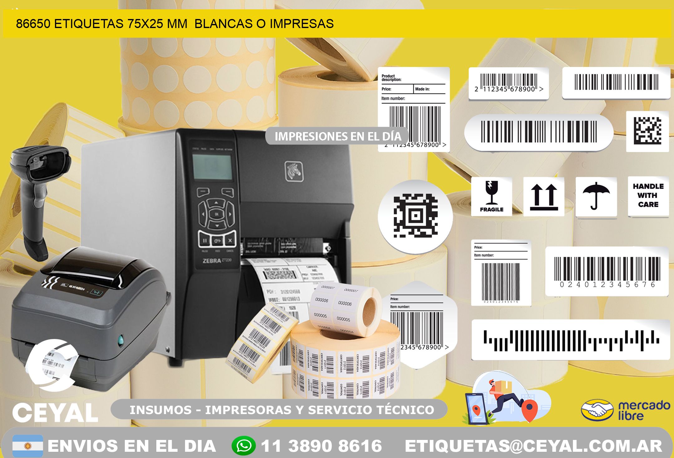 86650 ETIQUETAS 75×25 mm  BLANCAS O IMPRESAS